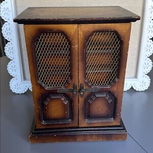 Vintage Musical Jewelry Armoire Wood & Mesh Doors 5 drawers
